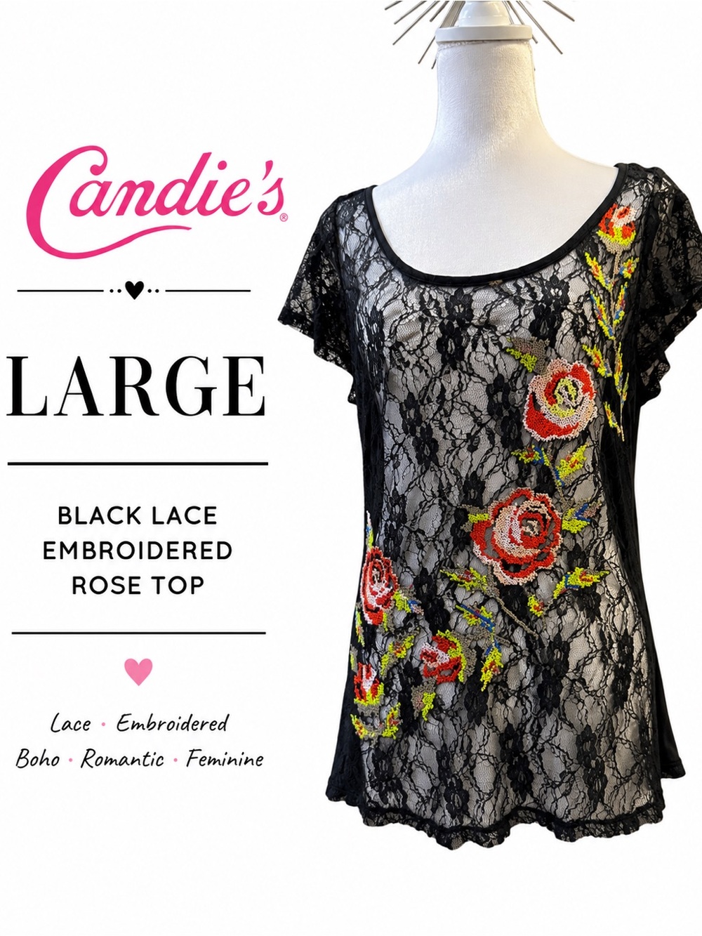 Black Lace Embroidered Rose Floral Boho Top    Vintage Inspired Size Large